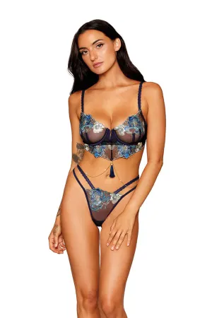 Embroidery mesh underwire bra and strappy G-string